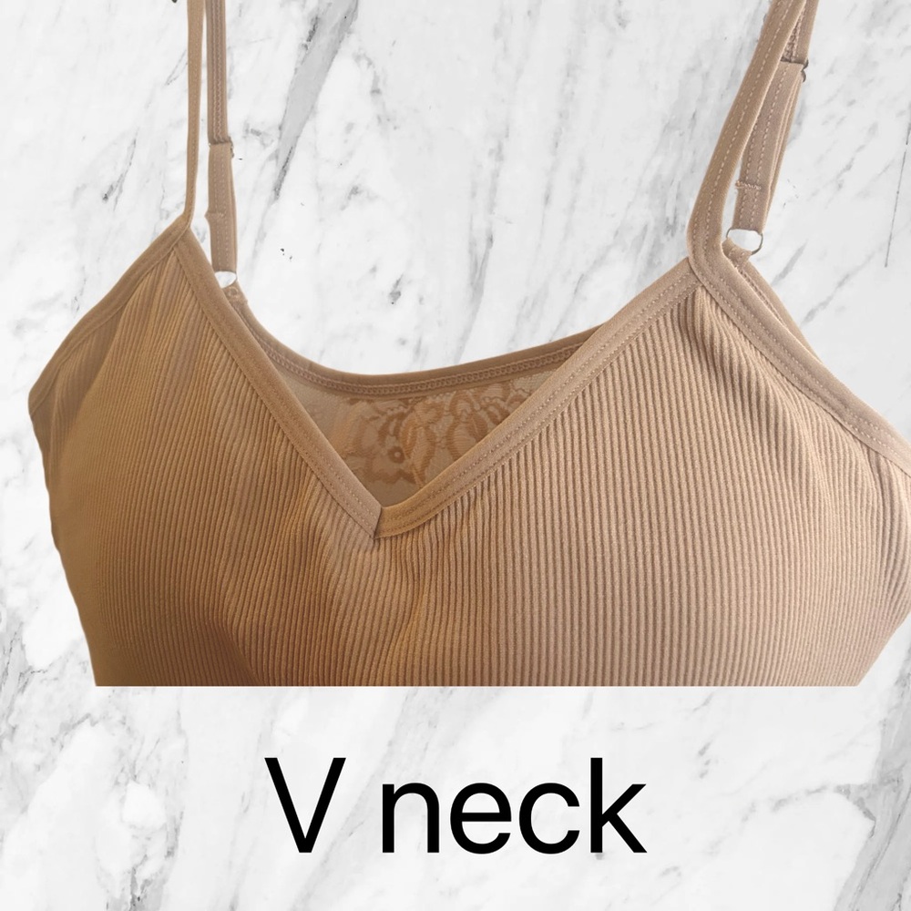 🇺🇸🆕 NWOT TAHARI | XL | TAN Seemless Bralette Lace back V-Neck - Picture 6 of 16